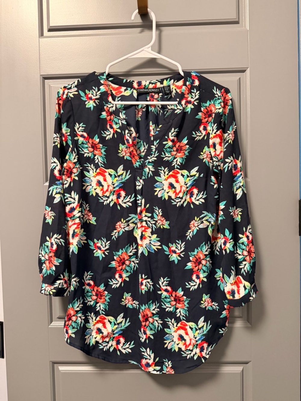 Cynthia Rowley Navy Floral Split-Neck Blouse
